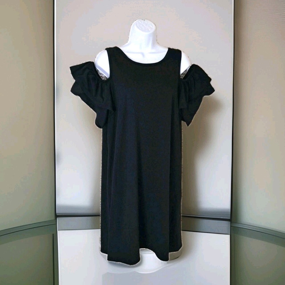 Just Be Dress L Black Cold‎ Shoulder Ruffled Arm Spandex Casual Travel Resort